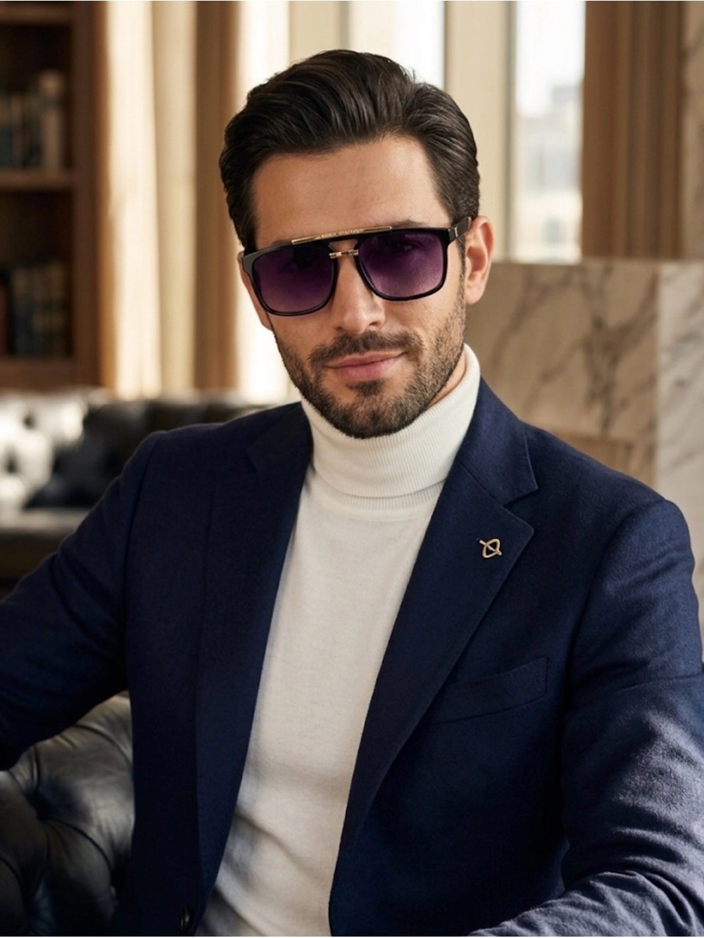 Louis Vuitton Navy Blue Sport Coat with White Turtleneck Styling